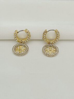 Tory Burch Gold Crystal Logo Hoop Drop Earrings